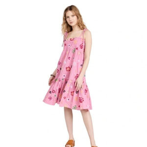 Tanya Taylor Embroidered Floral Smocked Tie Strap Midi Dress Pink XS NWT Swim